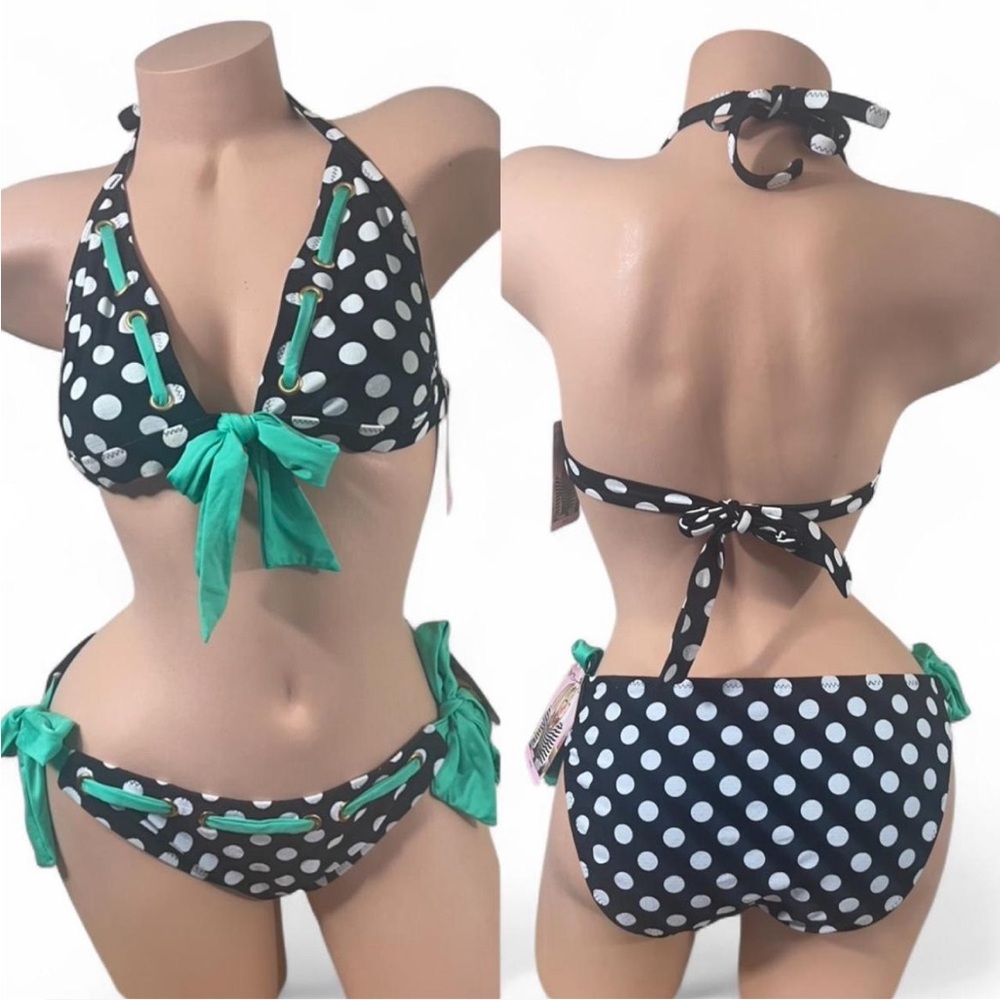 Betsey Johnson Black and White Polka Dot Bikini Green Ribbon Tie Bows Retro L
